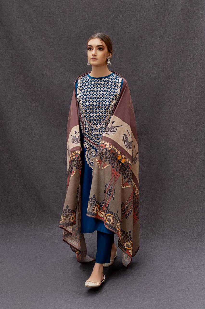 URGE - 3PC DHANAK EMBROIDERED SHIRT WITH PRINTED PASHMINA SHAWL AND TROUSER - nz1469