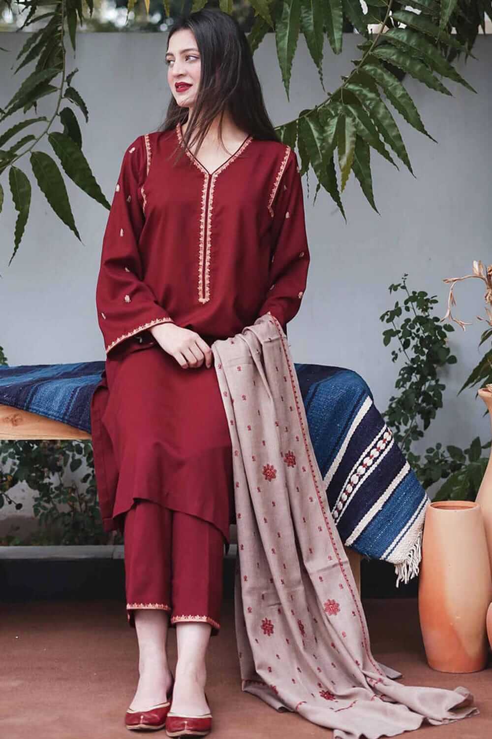 BR 110-Winter 3 Piece Dhanak suit with Embroidered Shawl