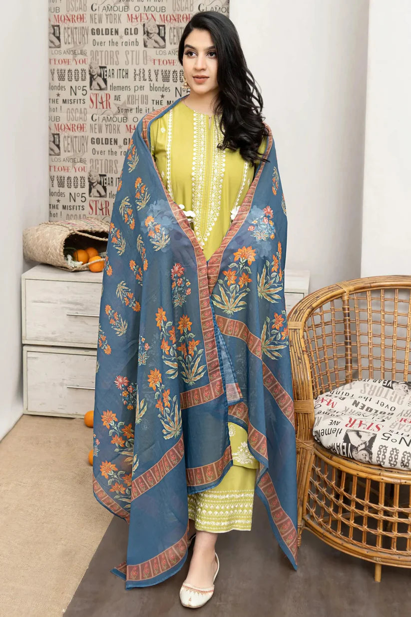 URGE - 3PC DHANAK EMBROIDERED SHIRT WITH DHANAK PRINTED SHAWL AND EMBROIDERED TROUSER NZ002