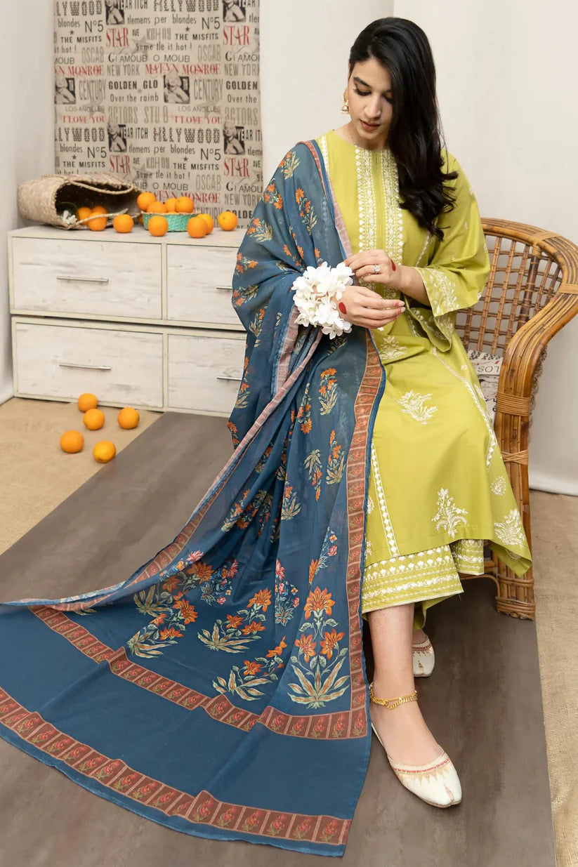 URGE - 3PC DHANAK EMBROIDERED SHIRT WITH DHANAK PRINTED SHAWL AND EMBROIDERED TROUSER NZ002