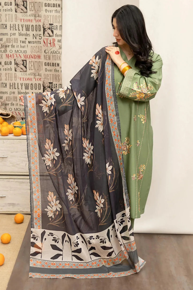 URGE - 3PC DHANAK EMBROIDERED SHIRT WITH DHANAK PRINTED SHAWL NZ001