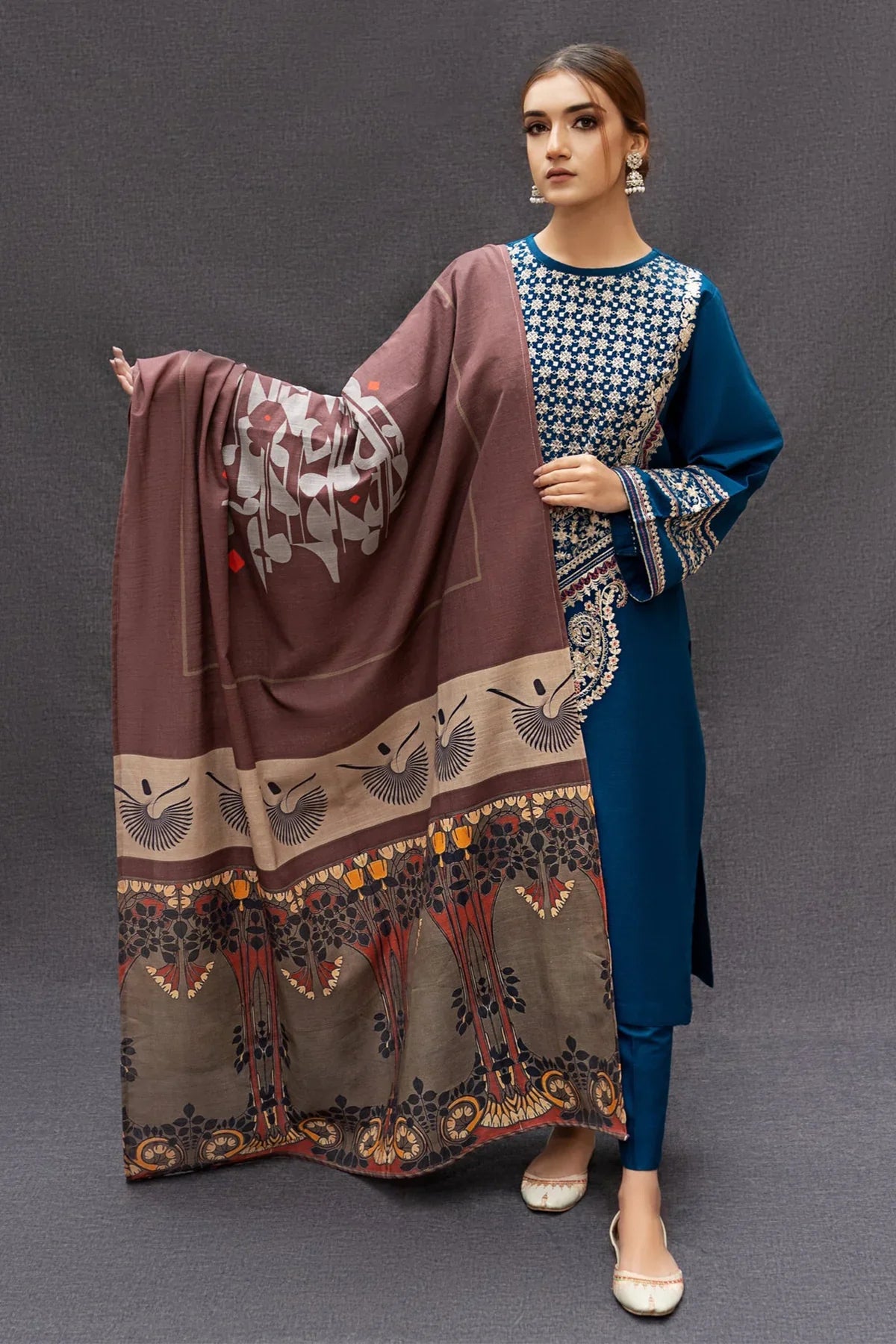 URGE - 3PC DHANAK EMBROIDERED SHIRT WITH PRINTED PASHMINA SHAWL AND TROUSER - nz1469