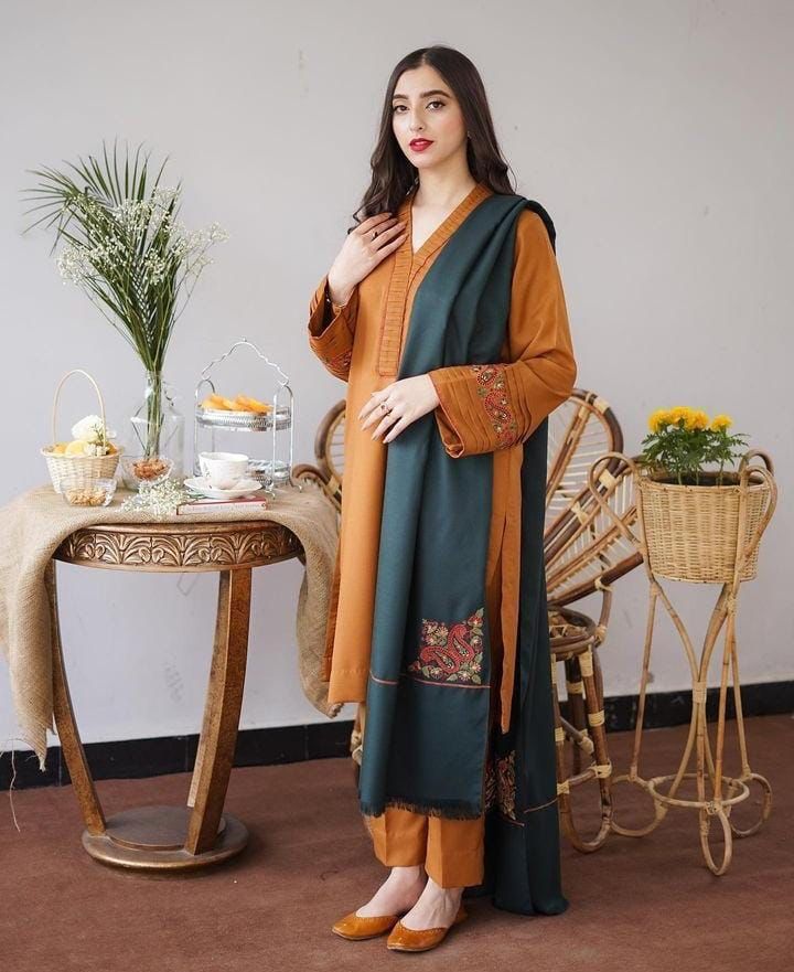 EMBROIDED 3PC DHANAK SUIT WITH EMBROIDED SHAWL