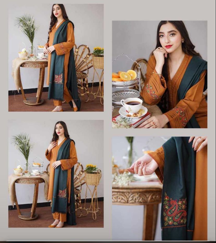 EMBROIDED 3PC DHANAK SUIT WITH EMBROIDED SHAWL