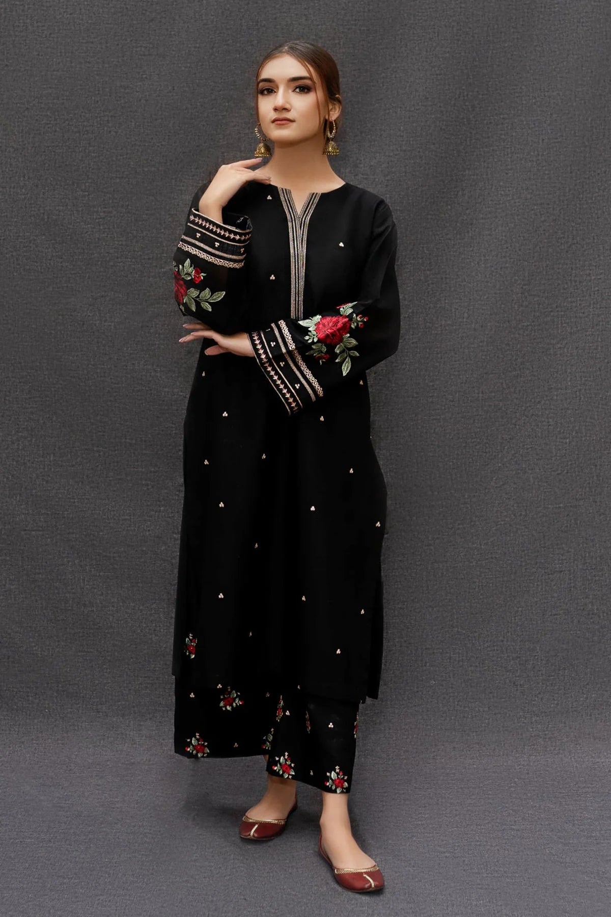 URGE - 3PC DHANAK EMBROIDERED SHIRT WITH KARANDI PRINTED SHAWL AND TROUSER - Nz1461