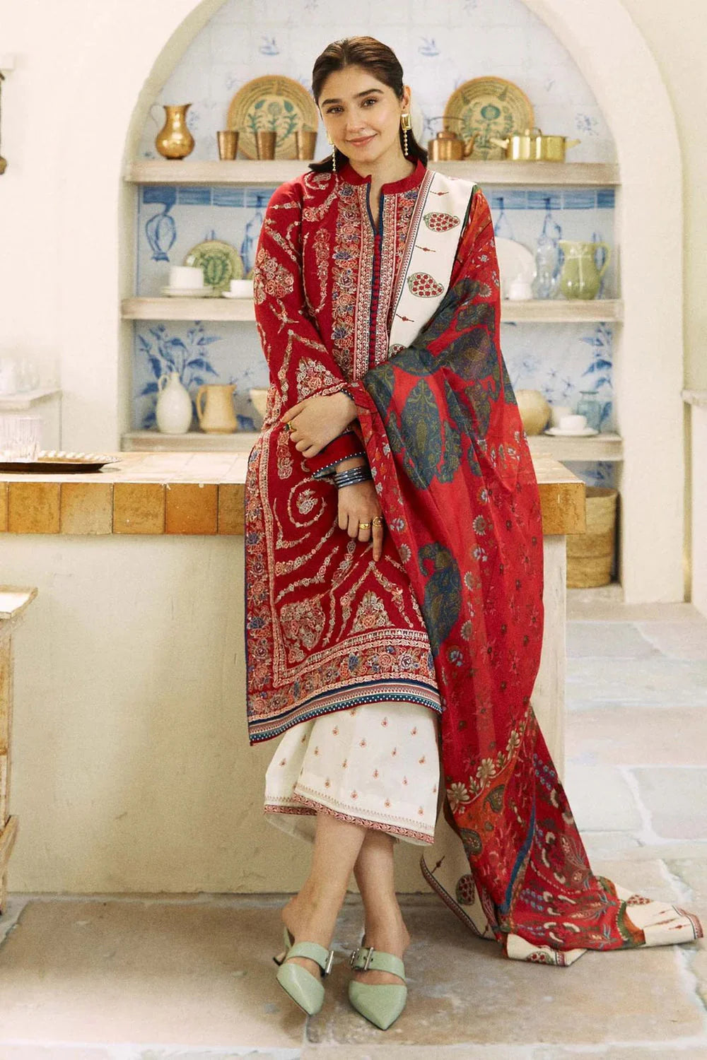 ZS 02-3 Piece Unstitched Heavy Embroidered Dhanak Suit ( Fine Printed Wool Shawl)