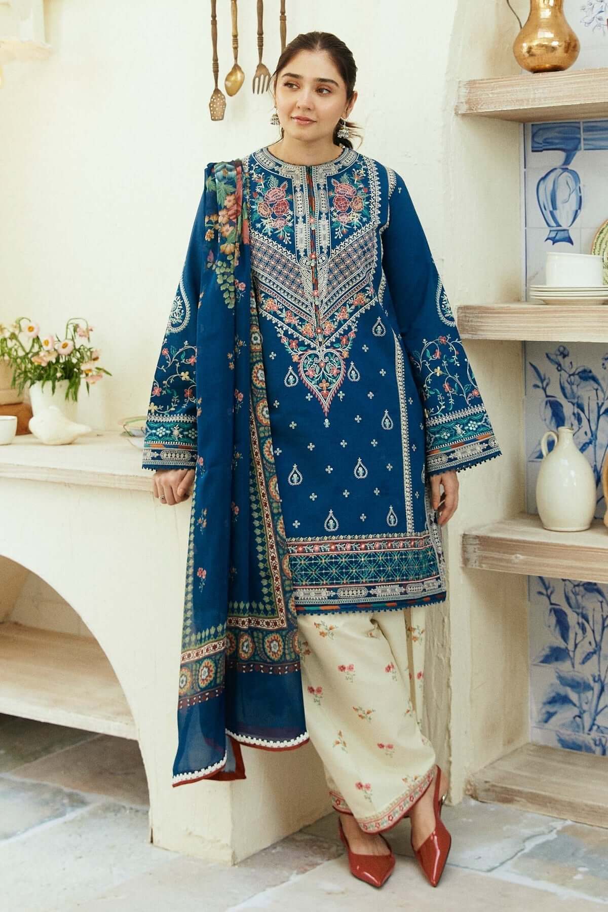 ZS 01-3 Piece Unstitched Heavy Embroidered Dhanak Suit ( Fine Printed Wool Shawl)