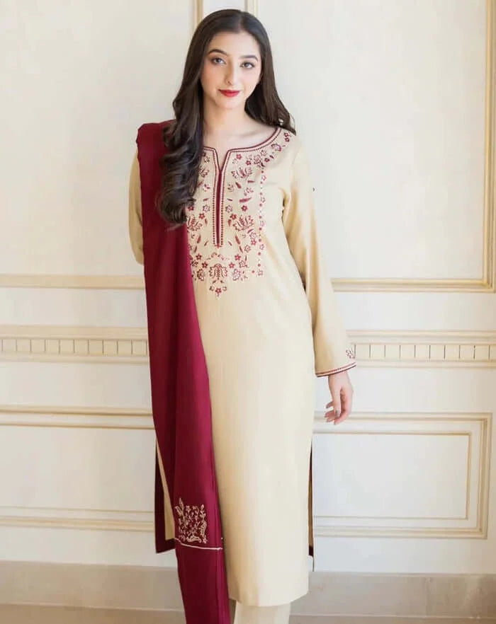 AS 01-3 Piece Unstitched Heavy Embroidered Dhanak Suit ( Full Embroidered Dhanak Shawl )