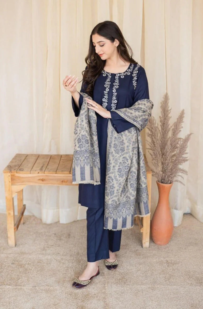 AS 02-3 Piece Unstitched Heavy Embroidered Dhanak Suit (Dhanak Shawl )