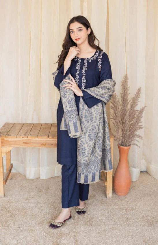 AS 02-3 Piece Unstitched Heavy Embroidered Dhanak Suit (Dhanak Shawl )