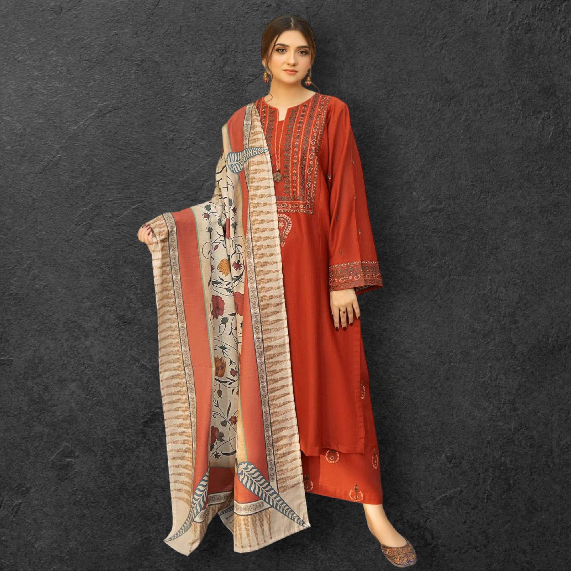 WINTER DHANAK EMBROIDERED 3PC WITH PASHMINA WOOL SHAWL