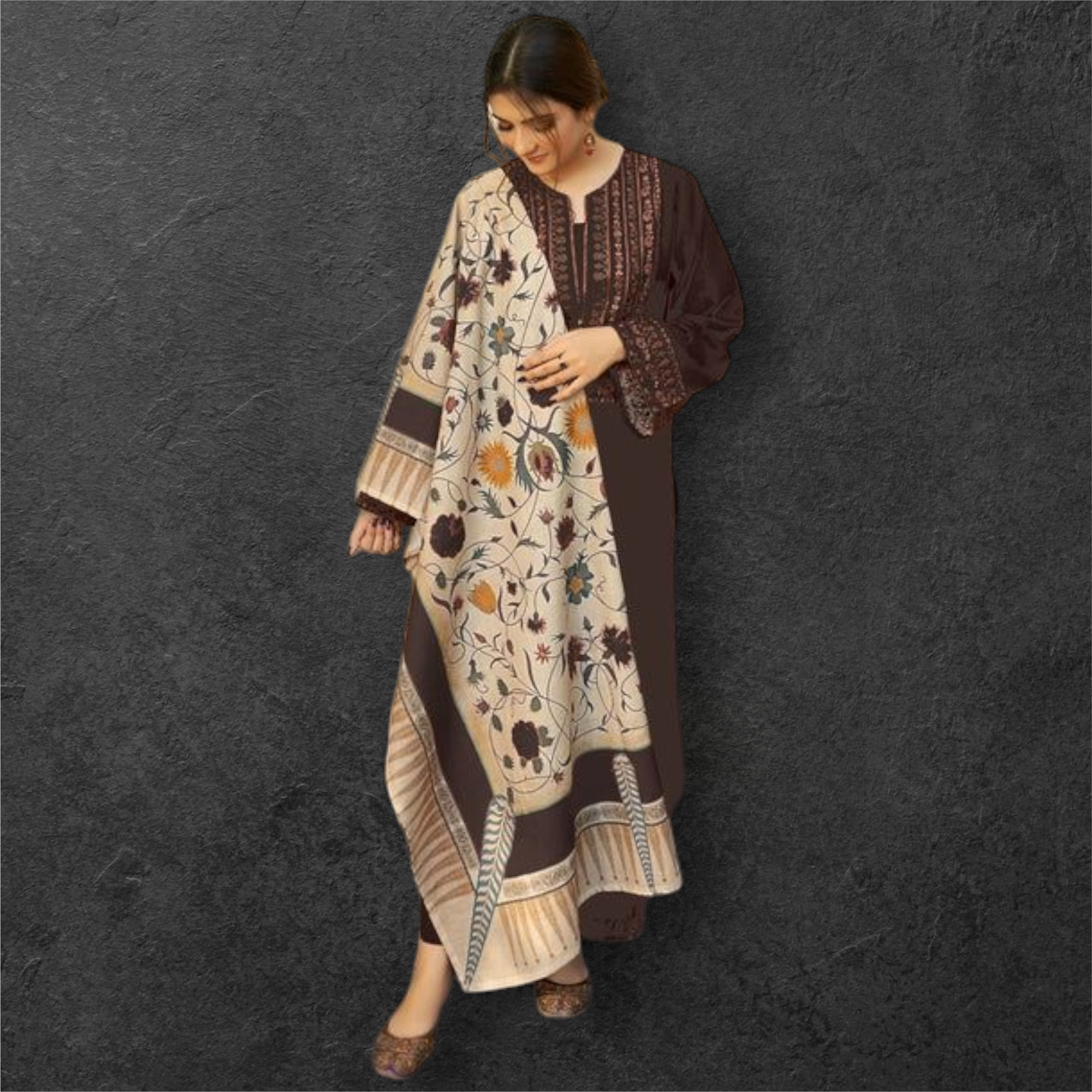 WINTER DHANAK EMBROIDERED 3PC WITH PASHMINA WOOL SHAWL