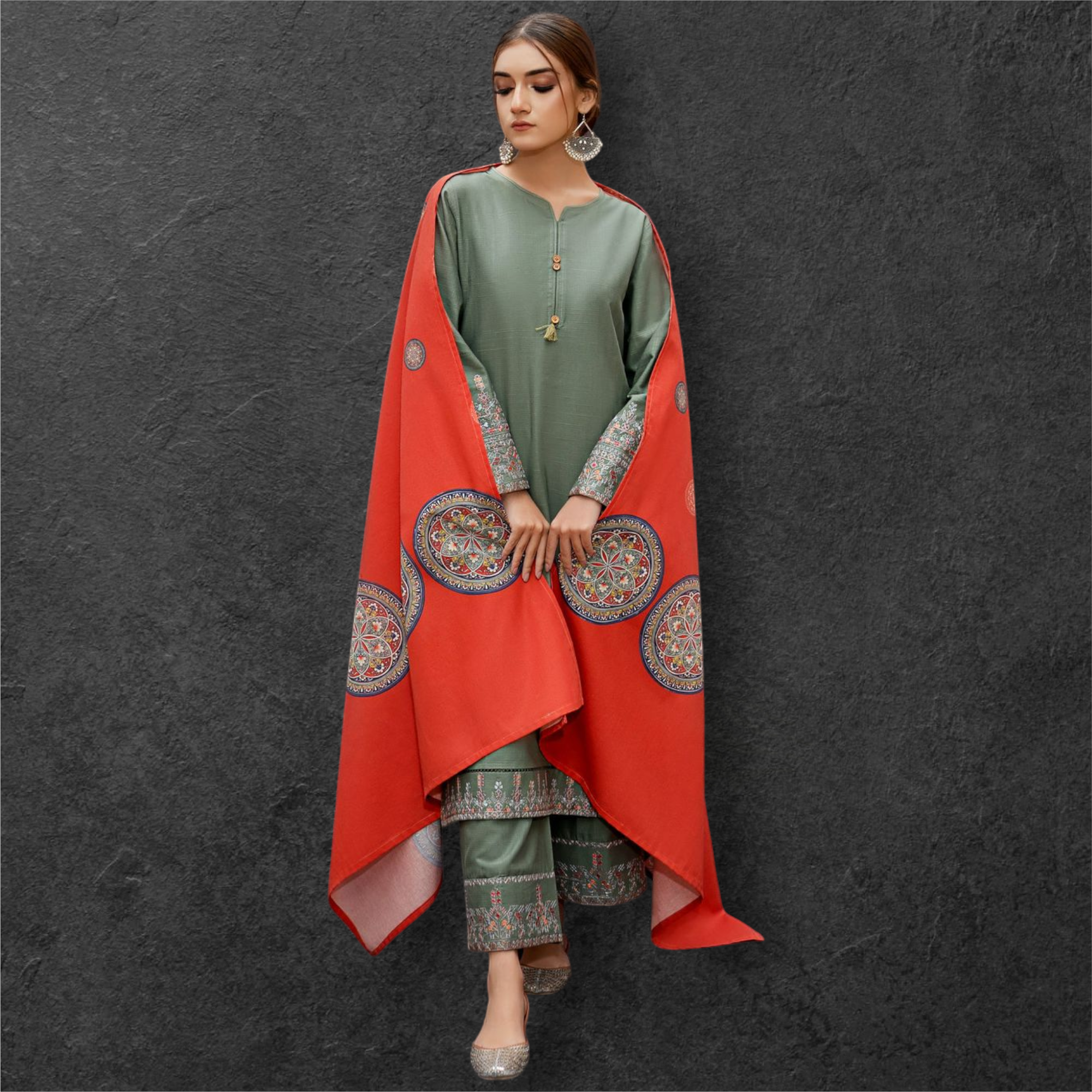 WINTER DHANAK EMBROIDERED 3PC WITH PASHMINA WOOL SHAWL