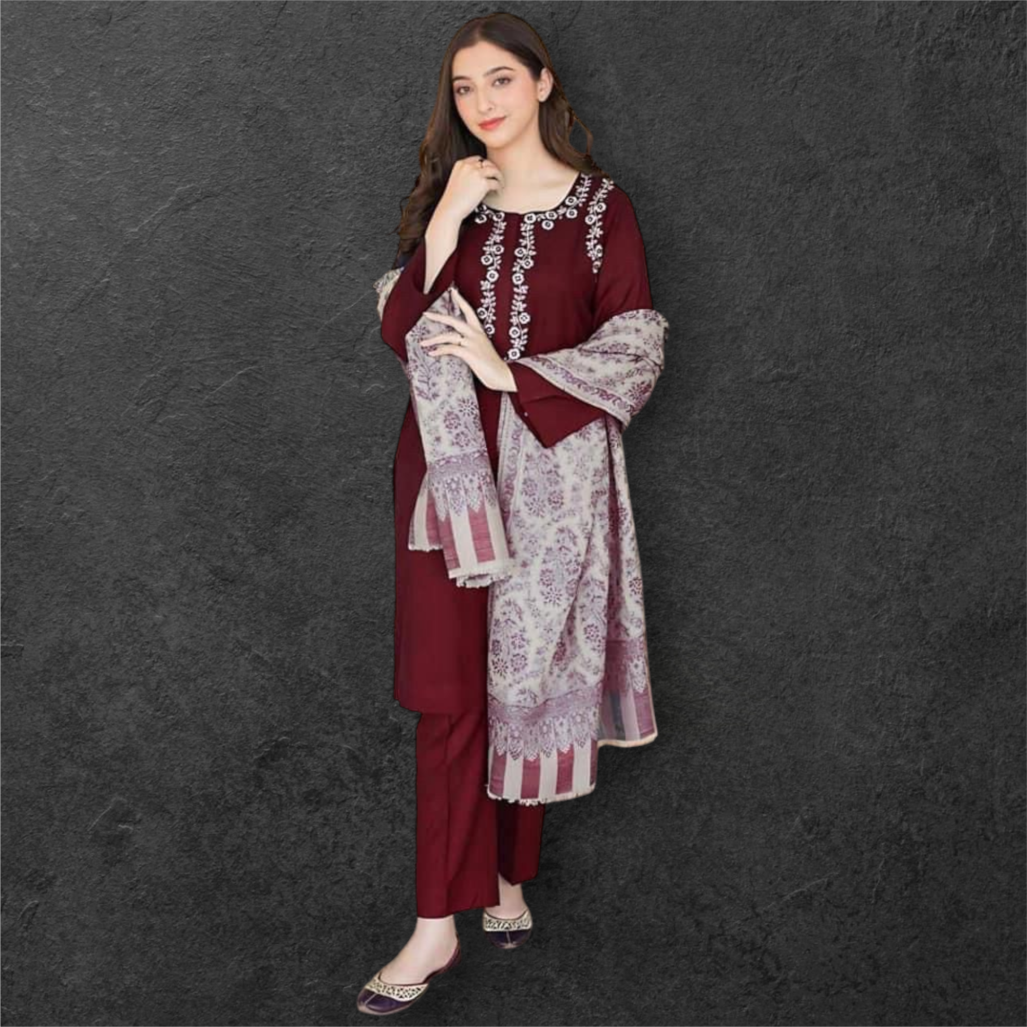 WINTER DHANAK EMBROIDERED 3PC WITH PASHMINA WOOL SHAWL